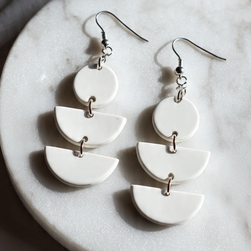 White Geometric Drop Three-Tier - Handmade Earrings